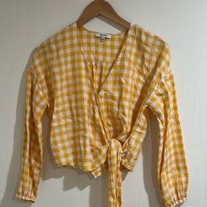 Madewell Yellow and White Wrap Blouse with Tie Front
